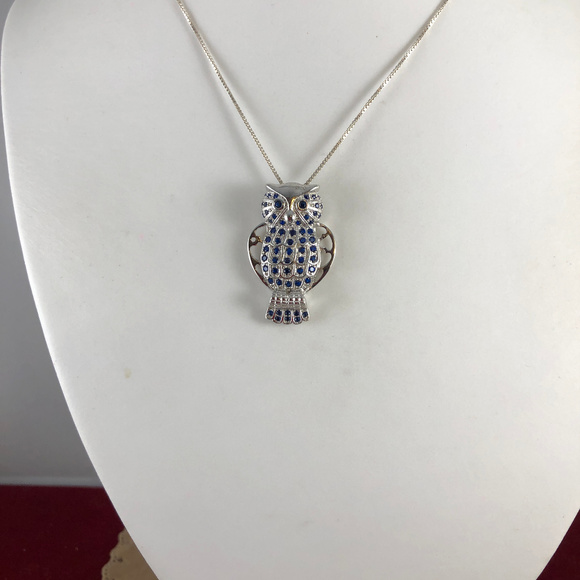 Owl 925 Silver Blue Sapphires Pendant 16 necklace - Picture 2 of 4